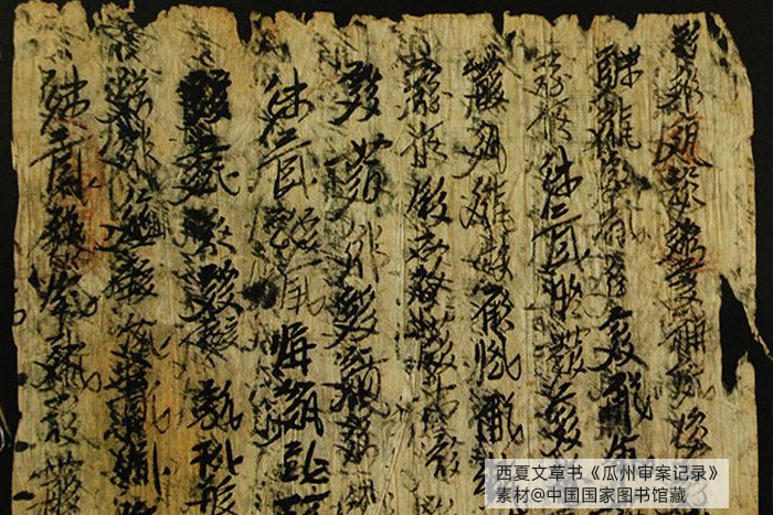西夏文草書《瓜州審案記錄》，素材@中國國家圖書館